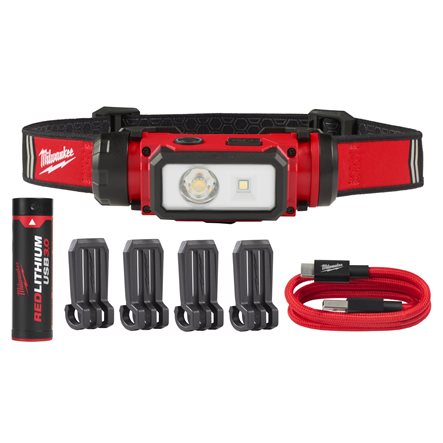 Milwaukee 4933479963 L4 HL2-301 Latarka czołowa ładowana przez USB 600 lumenów + L4 B3 Akumulator REDLITHIUMTM 3,0 Ah z wyjściem USB + kabel USB