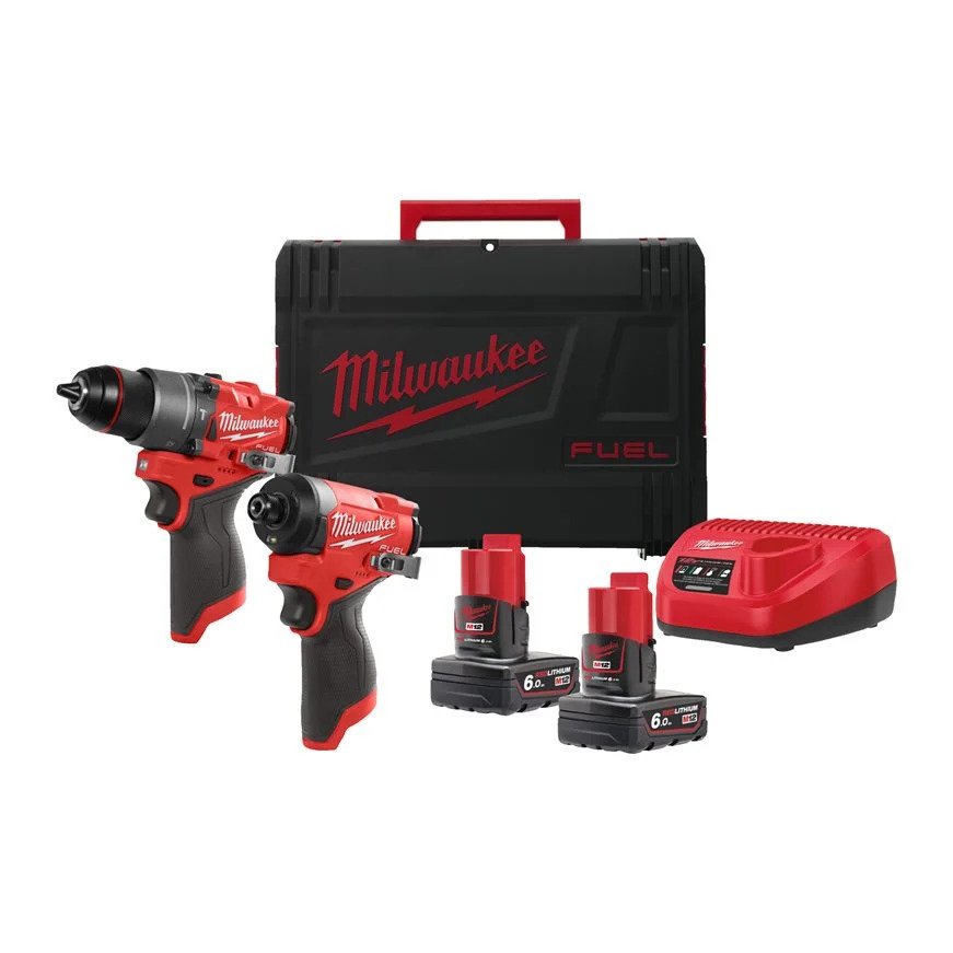 Milwaukee 4933480588 M12 FPP2A2-602X M12 FUEL POWERPACK Zestaw: M12 FPD2 Subkompaktowa wiertarka udarowa + M12 FID Subkompaktowa zakrętarka udarowa 1/4″ + 2 akumulatory M12 B6+ ładowarka C12 C + walizka