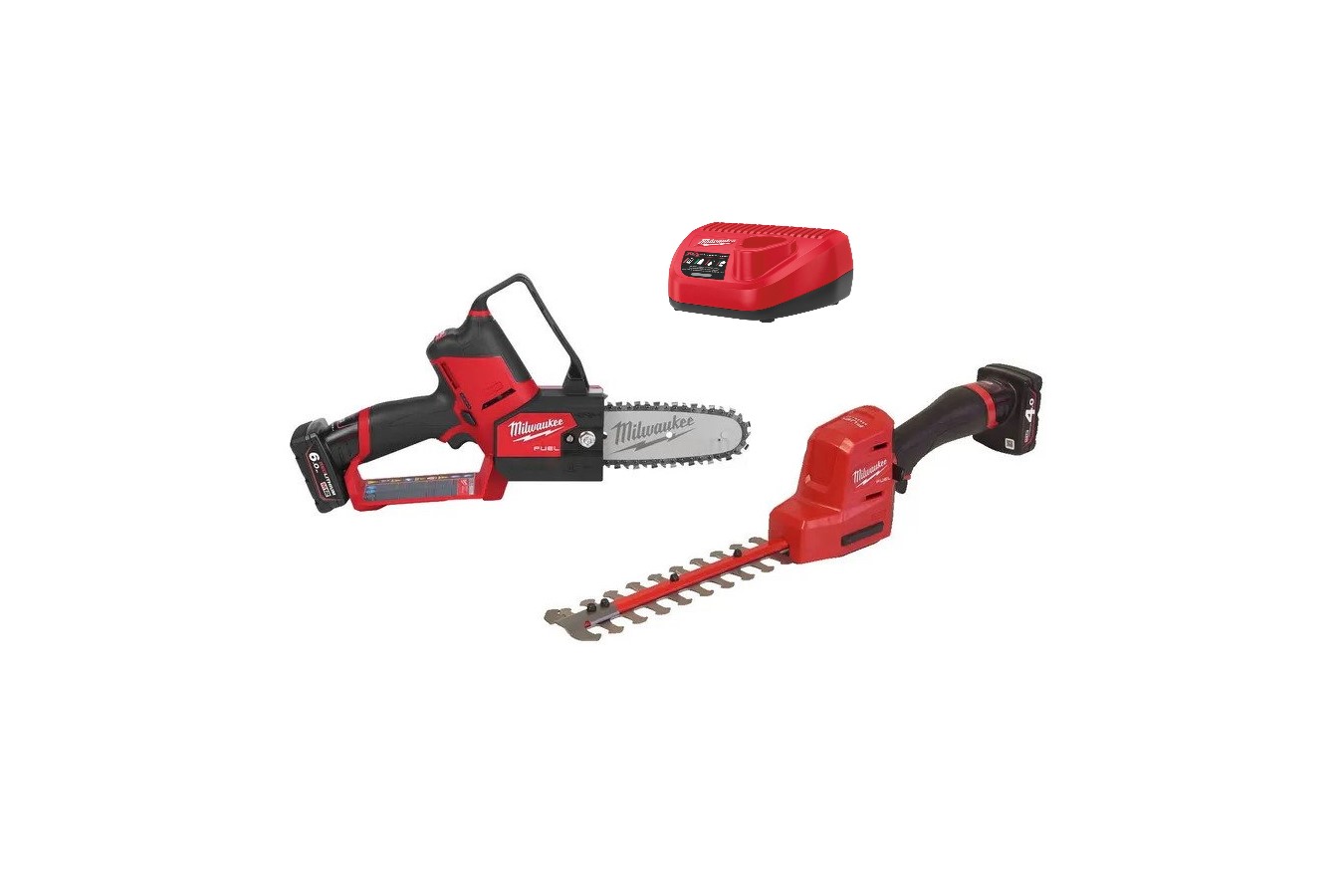 Milwaukee 4933493208 M12 FPP2OP2-642 Zestaw: Pilarka łańcuchowa do gałęzi 15 cm M12 FHS + Nożyce do żywopłotu 20 cm M12 FHT20 + akumulator M12 B4 + akumulator M12 B6 + ładowarka C12 C