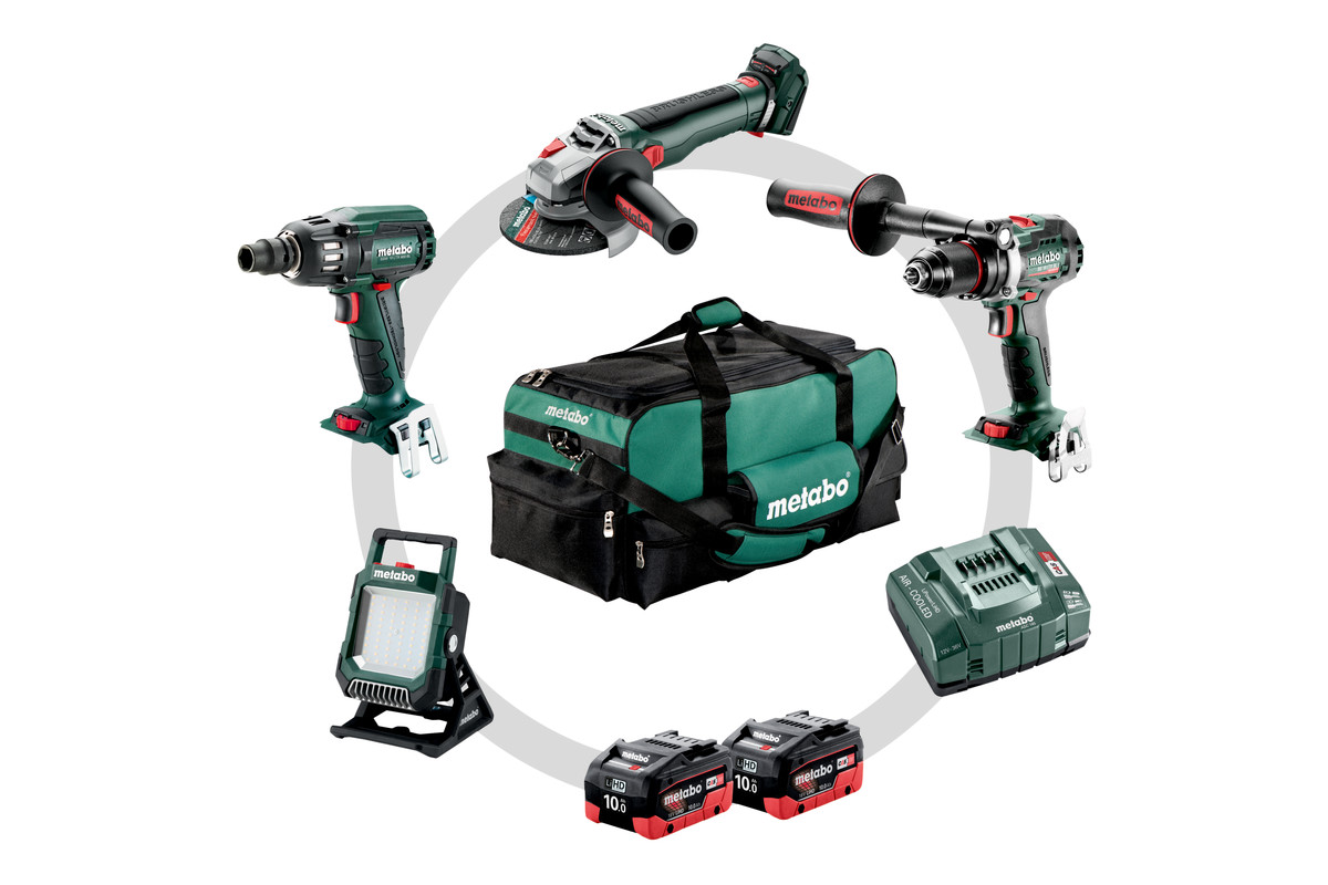 Metabo 685209000 Zestaw Combo 4.3.2 LiHD 18V 10.0Ah - Wiertarko-wkrętarka akumulatorowa BS18LTX BL I + Szlifierka WB18LT BL + Klucz udarowy SSW18LTX400 BL + Lampa BSA18 685209000