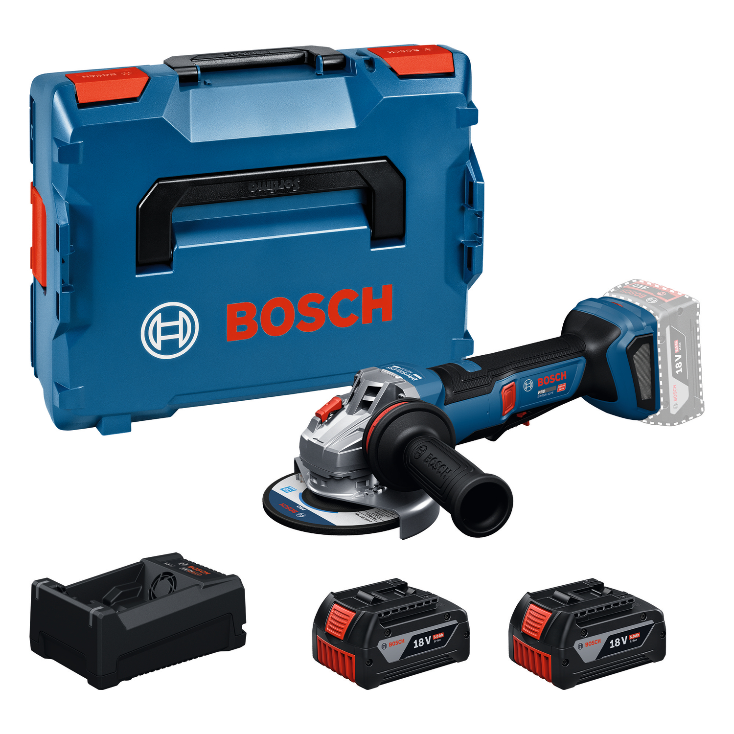 Bosch Professional 06019N4302 Szlifierka kątowa GWS18V-11PS Accu 2x GBA 18V 5.0Ah i ładowarka GAL 12V/18V-80 w L-Boxx