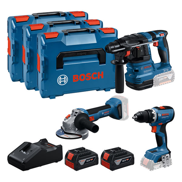 Bosch Professional 0615A5009G Zestaw 3 maszyn GSR 18V-65 + GBH 18V-22 + GWS 18V-818V 2x 18V 5.0Ah i ładowarka w L-BOXX