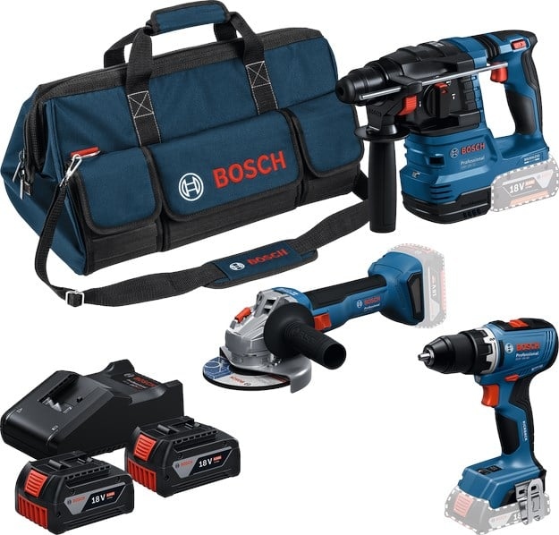 Bosch Professional 0615A500AH Zestaw 3 akumulator&oacute;w 18V GSB 18V-65, GBH 18V-2, GWS 18V-11 3x akumulator 5.0Ah i ładowarka GAL 12V/18V-80 w torbie narzędziowej