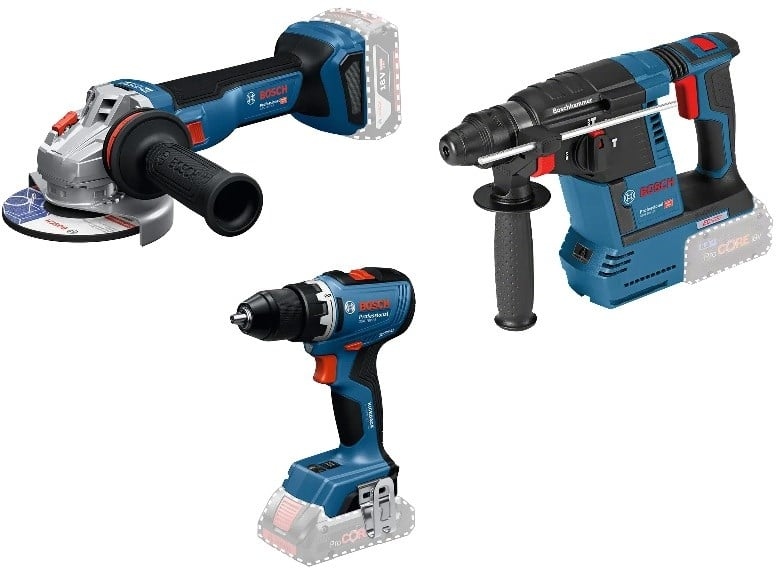 Bosch Professional 0615A500AJ Zestaw 3 akumulator&oacute;w 18V GSR 18V-65, GBH 18V-26, GWS 18V-11 1x akumulator 5.0Ah i 1x akumulator EXBA 18V 5.5Ah i ładowarka GAL 12V/18V-80 w torbie narzędziowej