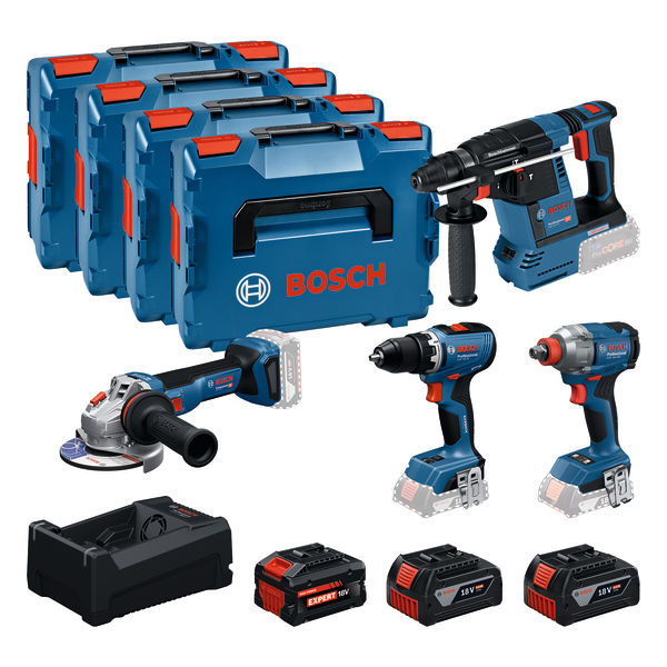 Bosch Professional 0615A500BJ Zestaw 4 akumulator&oacute;w 18V GSR 18V-65, GDX 18V-285, GBH 18V-26, GWS 18V-11 2x akumulator GBA 5.0Ah i 1x akumulator EXBA 5.5Ah oraz ładowarka GAL 12V/18V-80 w L-Boxx