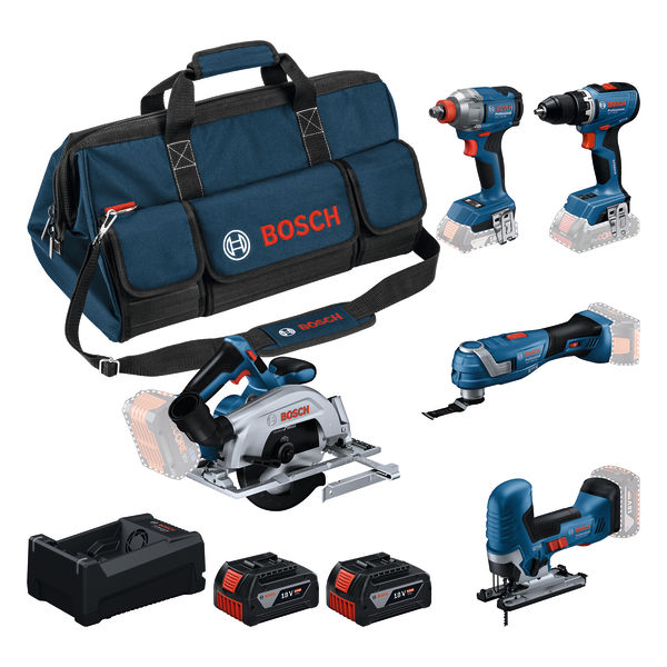 Bosch Professional 0615A500BV Zestaw 5 akumulator&oacute;w 18V GSR 18V-65, GDX 18V-285, GKS 18V-57-2, GOP 18V-34, GST 18V-125 S 2x akumulatory GBA 5.0Ah i ładowarka GAL 12V-18V-80 w torbie narzędziowej