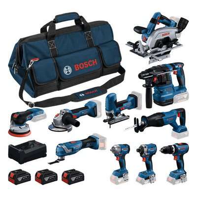 Bosch Professional 0615A500EH Zestaw narzędzi akumulatorowych 10 maszyn 18V 3x akumulator 5.0Ah i ładowarka GAL12V/18V-80 w torbie narzędziowej