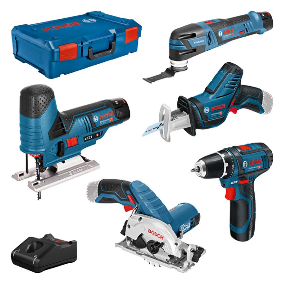 Bosch Professional 0615A0017C 5 Zestaw narzędzi 12V - akumulatorowa wiertarko-wkrętarka + pilarka tarczowa + wyrzynarka + pilarka szablasta + narzędzie wielofunkcyjne 12V 3 x 3.0Ah w XL-Boxx