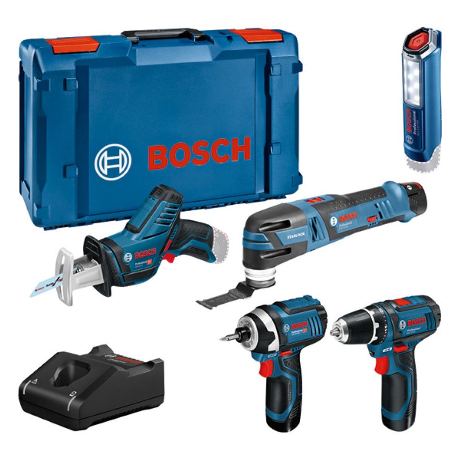 Bosch Professional 0615990N1D 5 Zestaw narzędzi 12V - akumulatorowa wiertarko-wkrętarka + piła szablasta + wkrętarka udarowa + narzędzie wielofunkcyjne + lampa 12V 3 x 2.0Ah w XL-Boxx