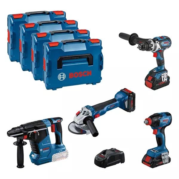 Bosch Professional 0615990N32 Combiset 18V 4 maszyny 1x 4.0Ah 2x 5.5 Ah i ładowarka w L-BOXX