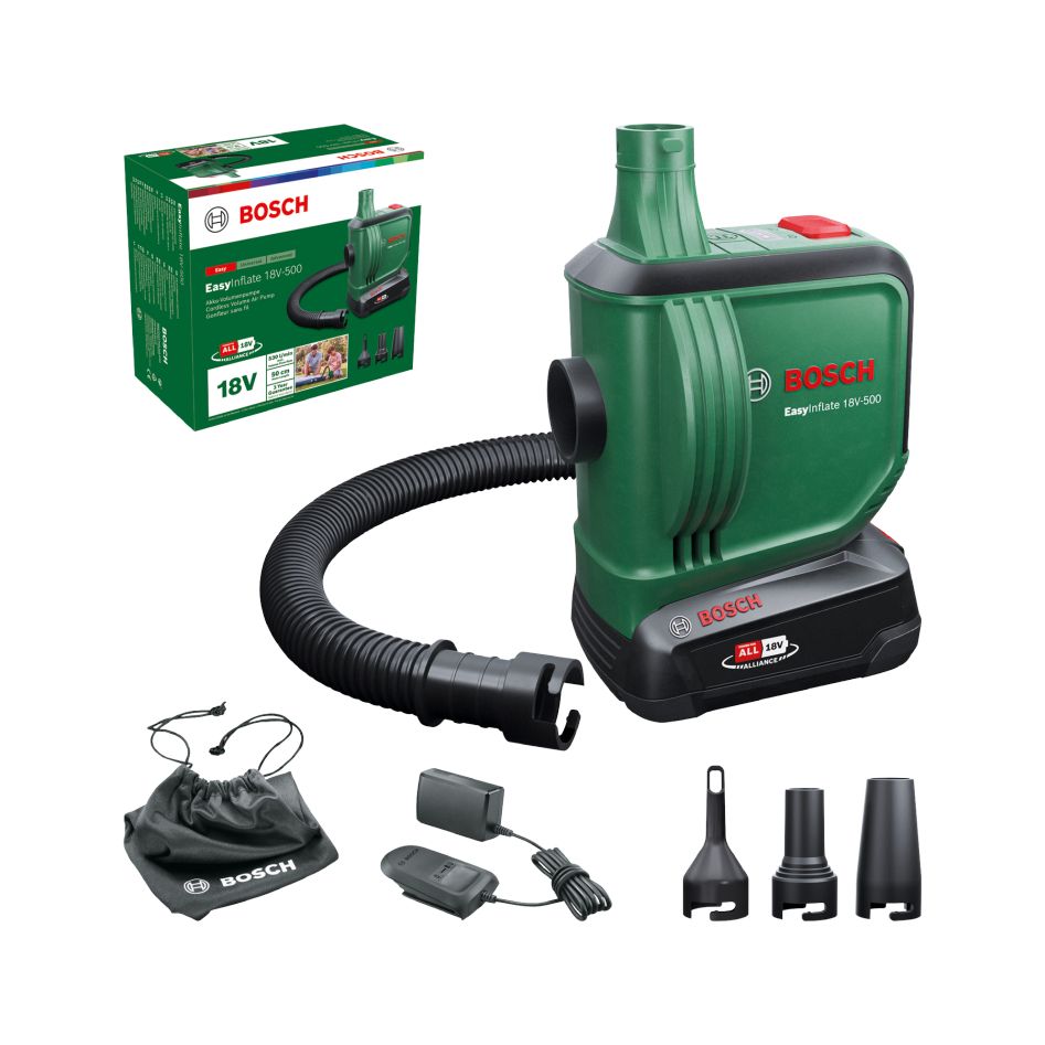 Bosch DIY 0603947201 EasyInflate 18V-500 Zestaw akumulatorowej pompki objętościowej 1x 2,0 Ah i ładowarka AL 18V-20 w pudełku