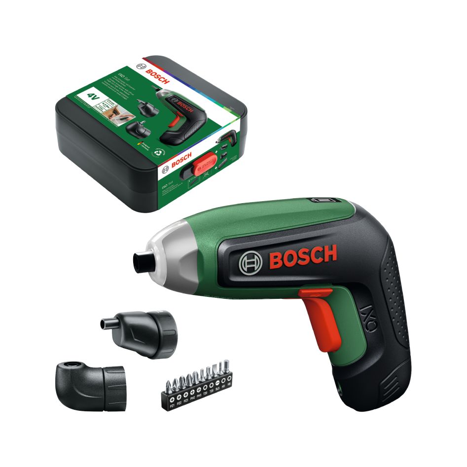 Bosch DIY 06039G4001 Zestaw wkrętarek akumulatorowych IXO 8 4V 1x akumulator 4V 2.0Ah z nasadką kątową i nasadką mimośrodową + zestaw bit&oacute;w 10-elementowy w pudełku do przechowywania