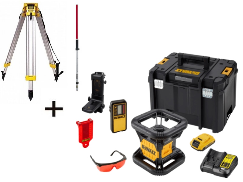 DeWALT DCE074D1R-SET 18V 2.0Ah Li-Ion W pełni automatyczny obrotowy czerwony laser (do wnętrz) + DE0737 Laska pomiarowa + DE0736 Statyw aluminiowy 5/8"