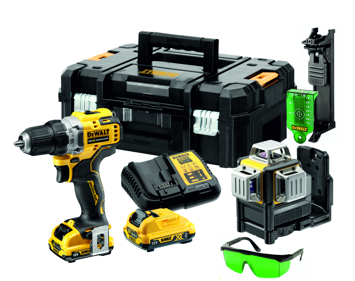 DeWALT DCK212D2T-QW Zestaw wkrętarka DCD701 + DCE089 zielony laser krzyżowy 12V 2.0 ah Li-Ion w walizce TSTAK