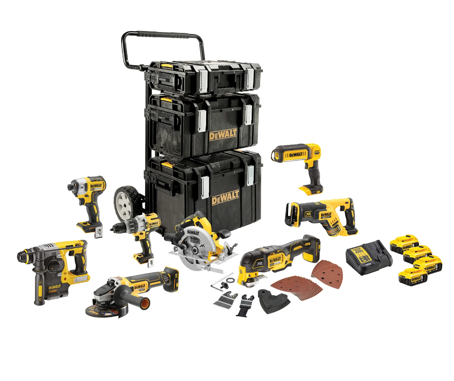 DeWALT DCK853P4-QW DCK853P4 18V XR Zestaw 8 narzędzi bezszczotkowych + 4 akumulatory 5Ah XR + ładowarka + 3 kufry + wózek