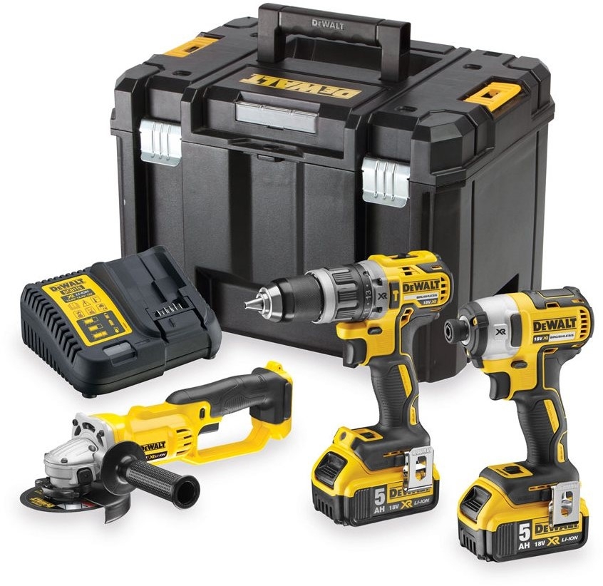 DeWALT DCK383P2T-QW Zestaw 18V 5.0Ah Li-Ion - akumulatorowa wiertarko-wkrętarka DCD796 + wiertarka udarowa DCF887 + szlifierka kątowa DCG412