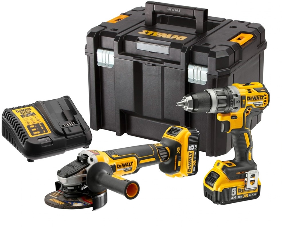 DeWALT DCK2080P2T-QW Zestaw - akumulatorowa wiertarko-wkrętarka udarowa DCD796 + akumulatorowa szlifierka kątowa DCG405 18 V 5 AH Li-ion