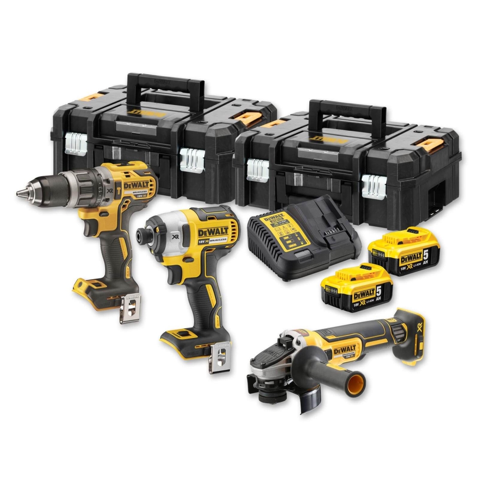 DeWALT DCK384P2T-QW Zestaw 18V 5.0Ah Li-Ion - akumulatorowa wiertarko-wkrętarka DCD796 + wiertarka udarowa DCF887 + szlifierka kątowa DCG405