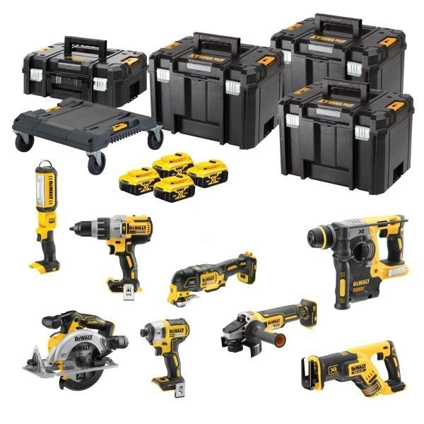 DeWALT DCK853P4T-QW Zestaw 8 narzędzi XR 18V 5 Ah Li-Ion + 4 akumulatory + ładowarka + 4 walizki TSTAK + platforma jezdna TSTAK
