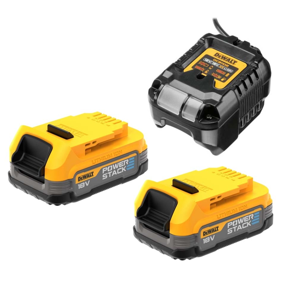 DeWALT Akcesoria DCB1102E2-QW Zestaw startowy PowerStack - 2 akumulatory 18V XR POWERSTACK + ładowarka DCB1102
