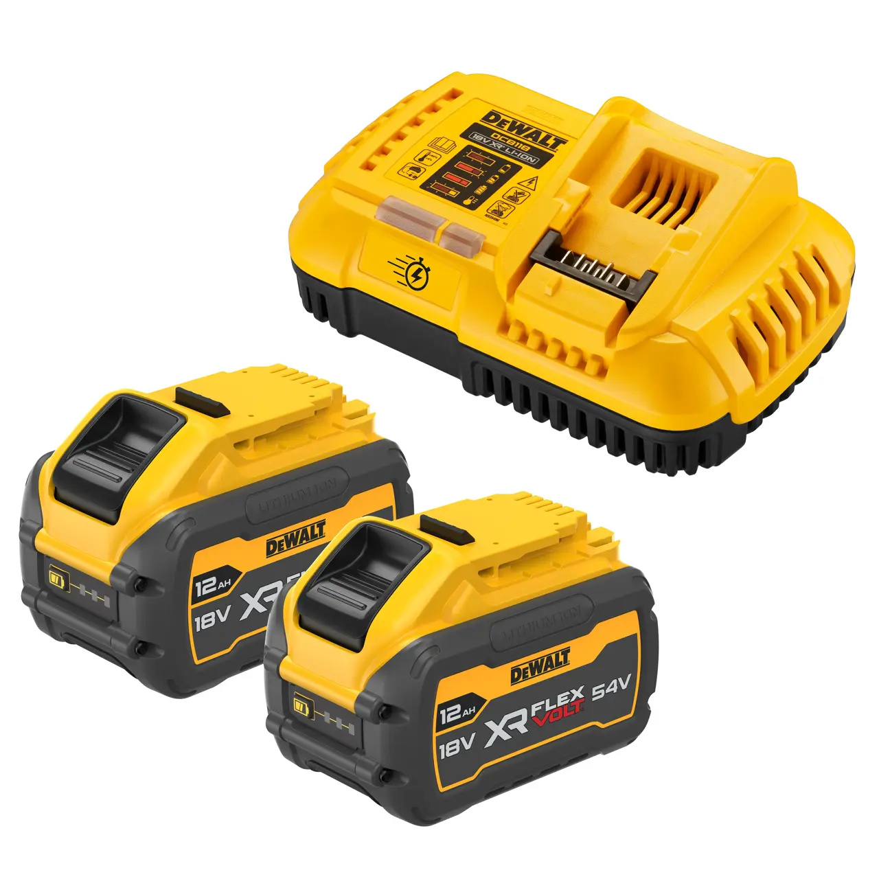 DEWALT Akcesoria DCB118XY2-QW Zestaw startowy akumulatorów 54V XR Flexvolt zawierający 2 akumulatory DCB5480 12,0 Ah oraz szybką ładowarkę wielonapięciową XR