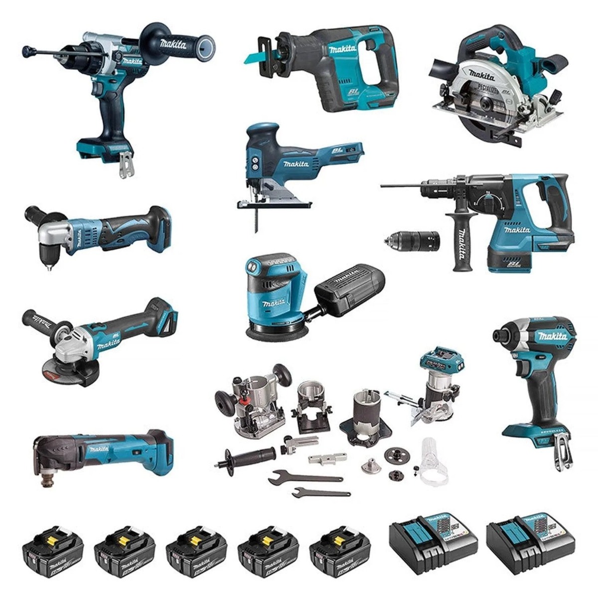 Makita DLX1108TJ1 Zestaw Combo 18V 11 maszyn - 5 x akumulator 18V 5.0Ah + 2 x ładowarka