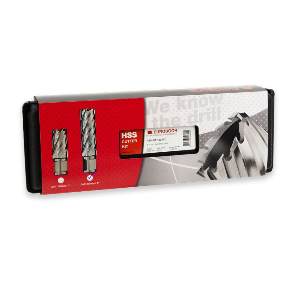 Euroboor 30521231035004 HSS.KIT/10L-M2 Zestaw wierteł rdzeniowych, HSS, DoC 55 mm, Dmin 14 mm, Dmax 26 mm