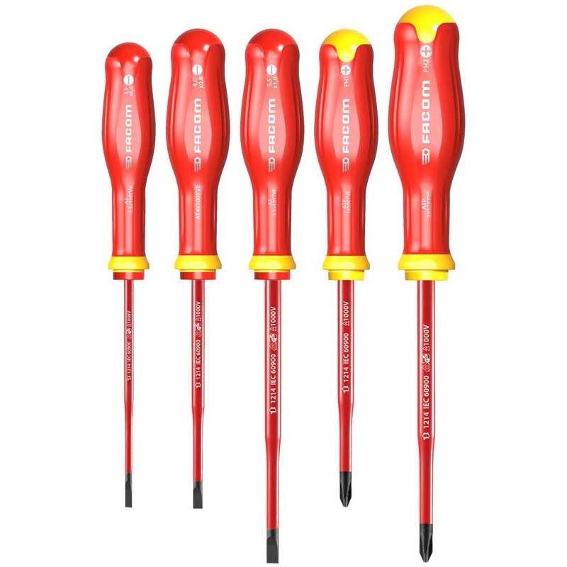 Facom ATP.J5TVEPB Zestaw 5 izolowanych śrubokrętów z bardzo cienkim grotem: Szczelinowe, PZ