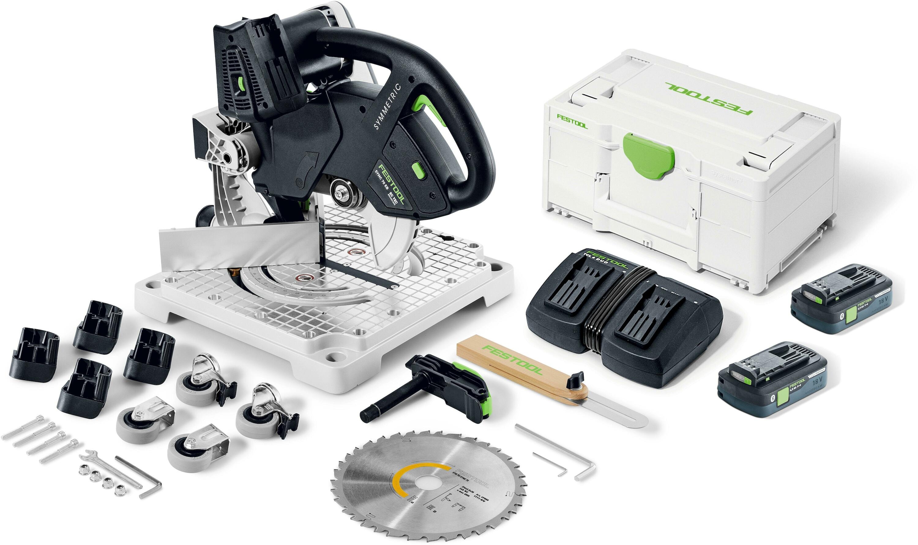 Festool 577464 SYMC 70 4.0 EBI-Plus SYMMETRIC akumulatorowa pilarka do listew przypodłogowych na kółkach 2x akumulatory 18V 4.0Ah i ładowarka w walizce