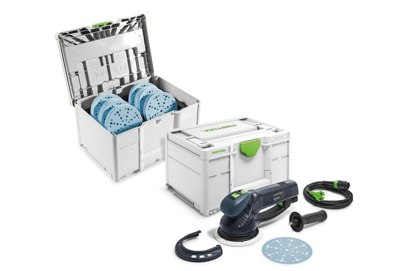 Festool 578257 RO 150 FEQ-Plus Uniwersalna szlifierka mimośrodowa Rotex + zestaw tarcz szlifierskich SYS-STF D150 GR-Set Granat w systainerze