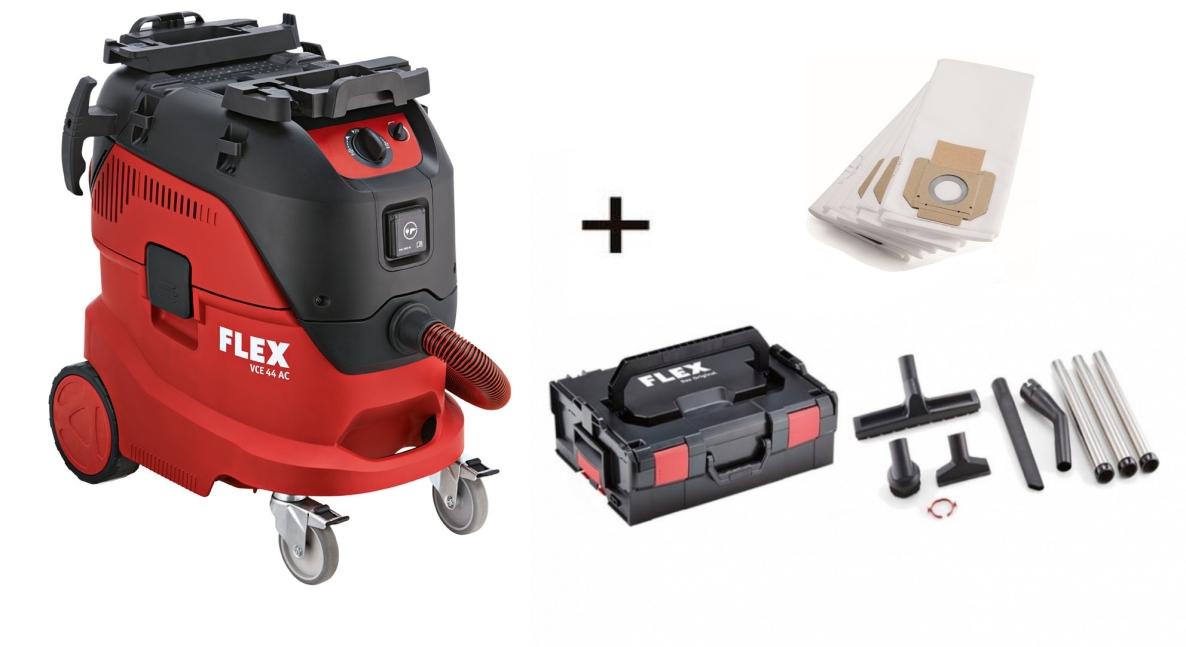 Flex-tools 471208 VCE44L AC Odkurzacz bezpieczeństwa z automatycznym czyszczeniem filtra, 42 L, klasa L + zestaw czyszczący w L-Boxx + 5 fizelinowych worków filtracyjnych