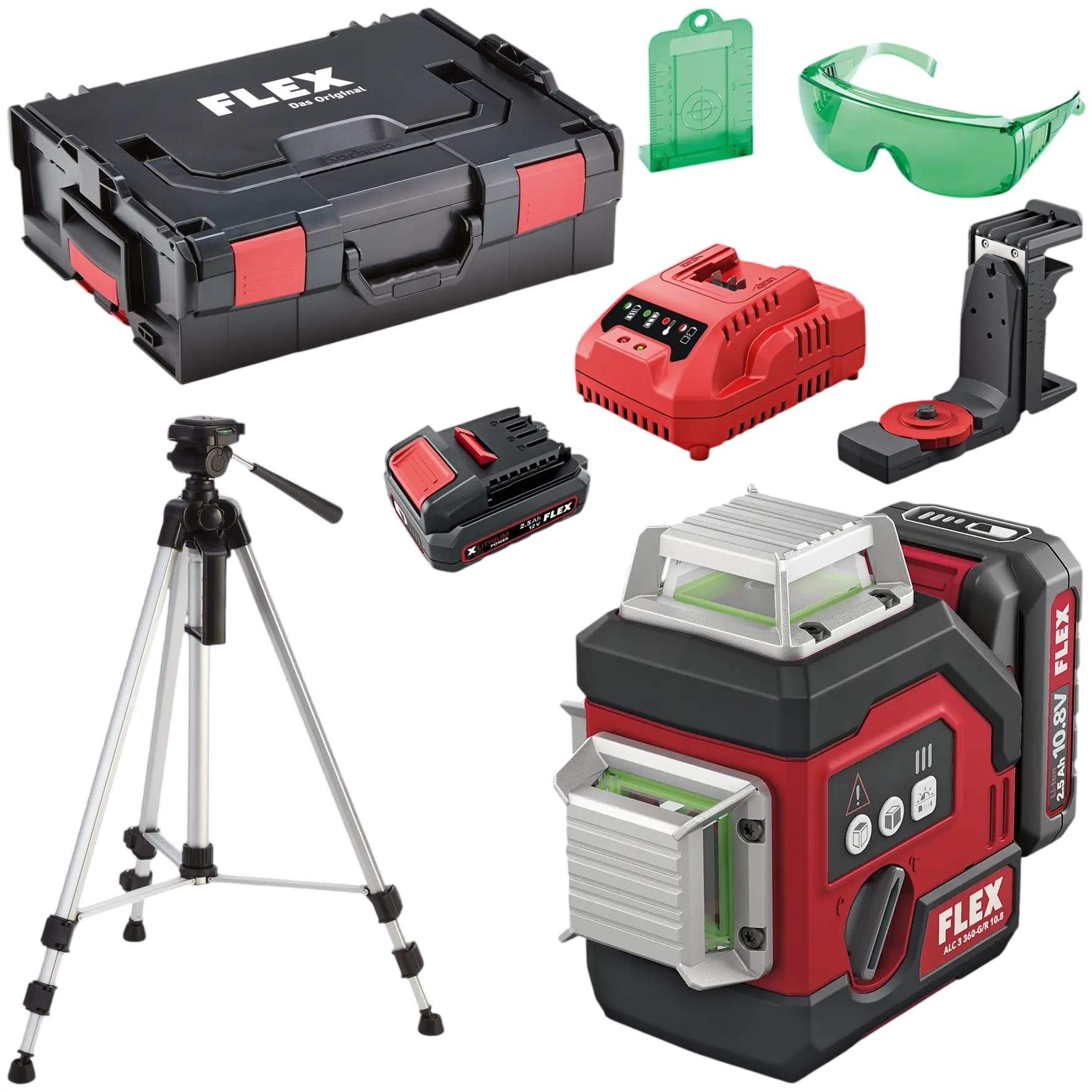 Flex-tools 536617 Zestaw ALC 3/360-G/R 12: laser krzyżowy 360&deg;, 12 V, 1 akumulator 2,5 Ah w walizce + statyw
