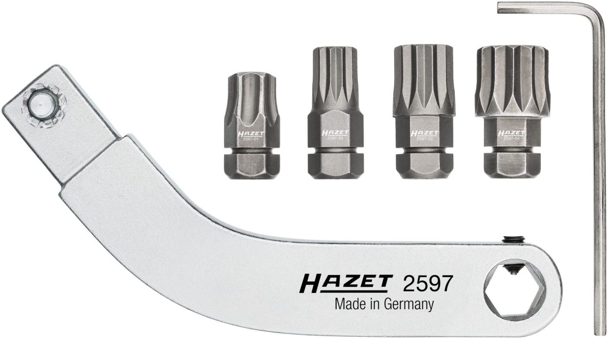 Hazet 2597-2/5 Zestaw narzędzi do montażu zawias&oacute;w drzwiowych z wygiętym uchwytem na końc&oacute;wki, 9 x 12 mm, 5-częściowy