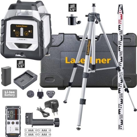 Laserliner 052.500A Zestaw DuraPlane 360 Poziomy laser liniowy 360 stopni czerwony ze statywem 175 cm, odbiornikiem i drążkiem poziomującym 3 m