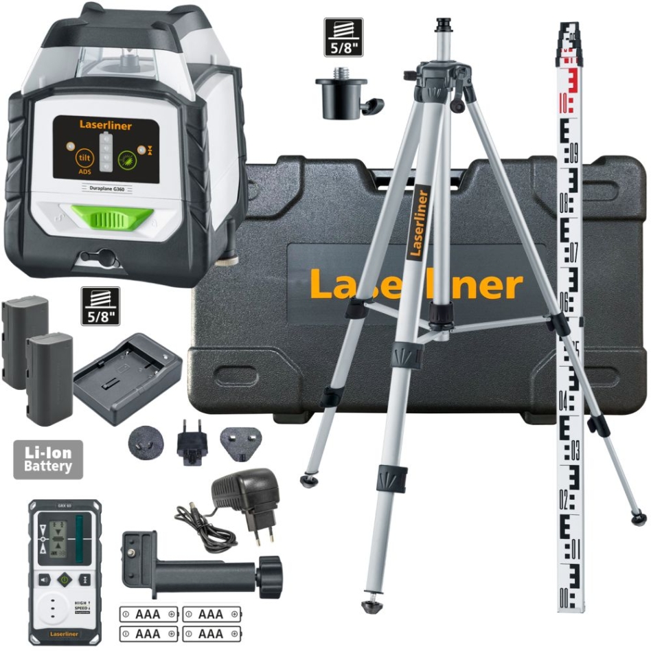 Laserliner 052.555A DuraPlane G360 RX Poziomy laser liniowy 360 stopni z odbiornikiem RangeXtender G60, zaciskiem CrossGrip, statywem 175 cm i prętem poziomującym 3 m