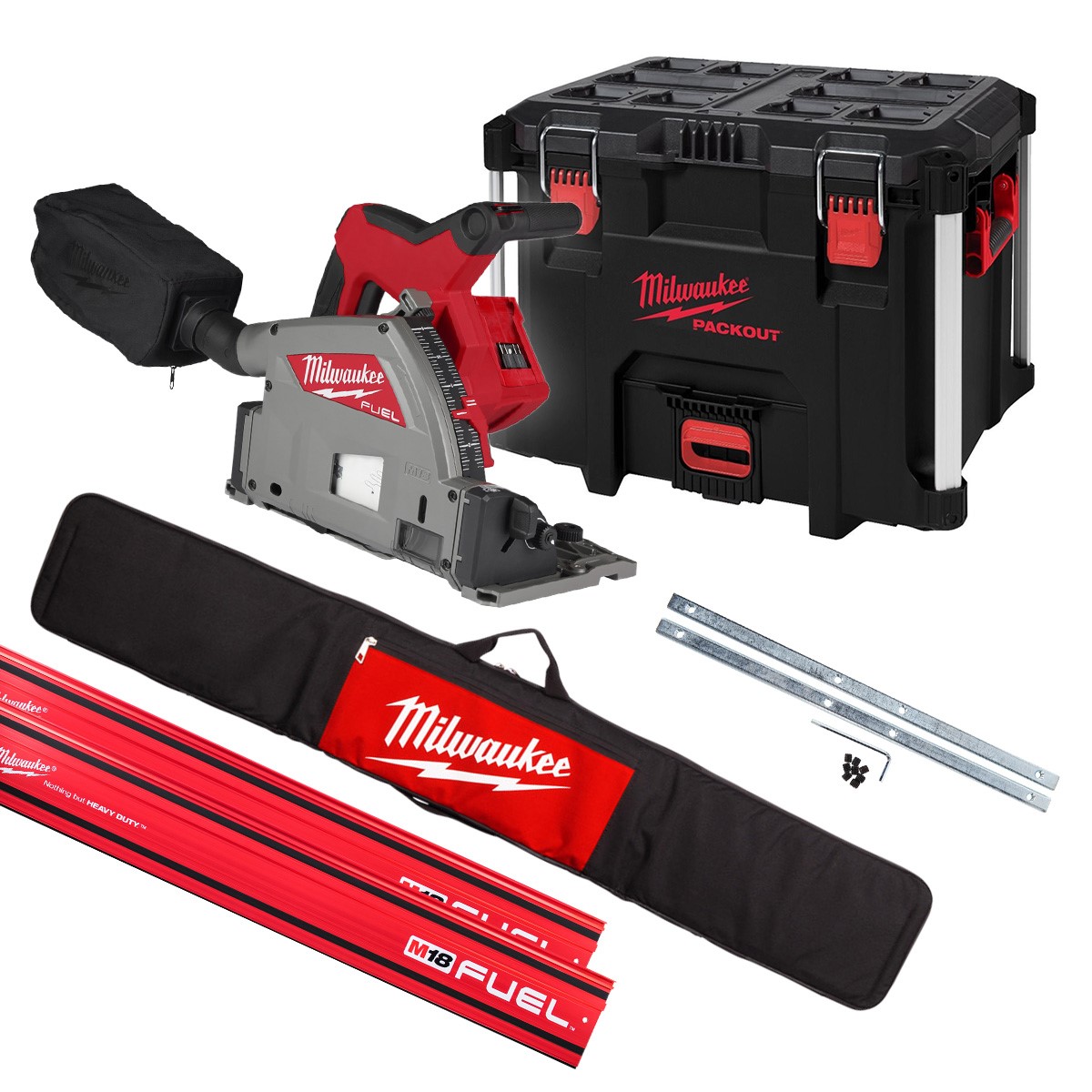 Milwaukee M18FPS55-0PSET M18 FPS55-0P SET Zagłębiarka M18 FUEL 55mm do drewna i tworzyw sztucznych 18V + 2 aluminiowe prowadnice GR 1400 1.4m + zaciski PSA-1 + pręty PSA-2 + torba PSA-4 + skrzynia narzędziowa PACKOUT, bez akumulatorów i ładowarki