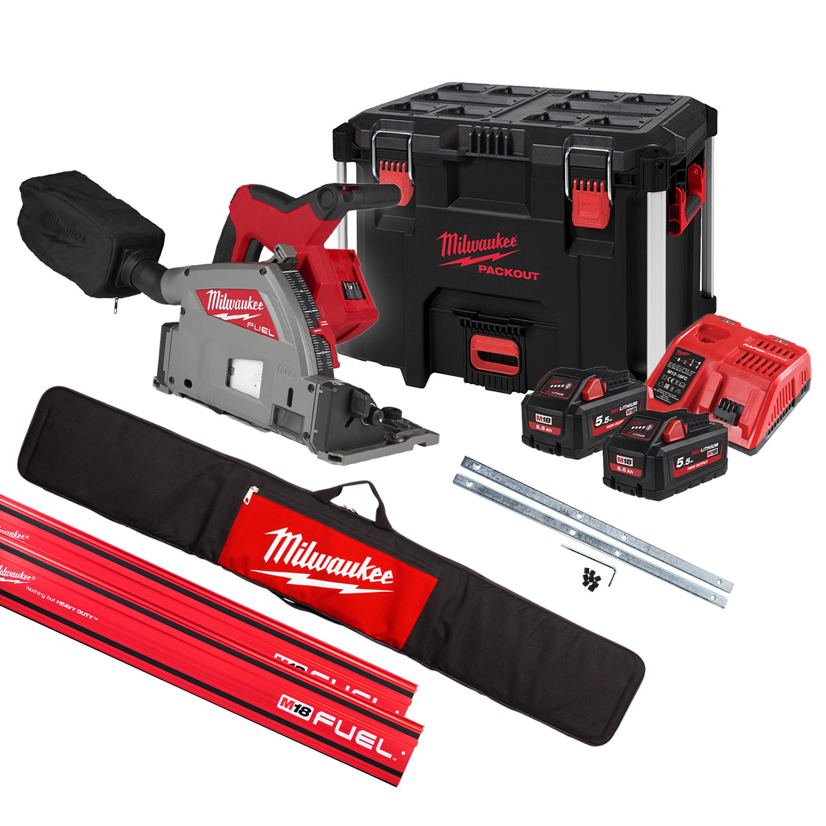 Milwaukee M18FPS55-552PSET Pilarka akumulatorowa 18V 5.5Ah Li-Ion + 2 x szyna prowadząca 1400mm + zaciski + torba w skrzynce narzędziowej PACKOUT™