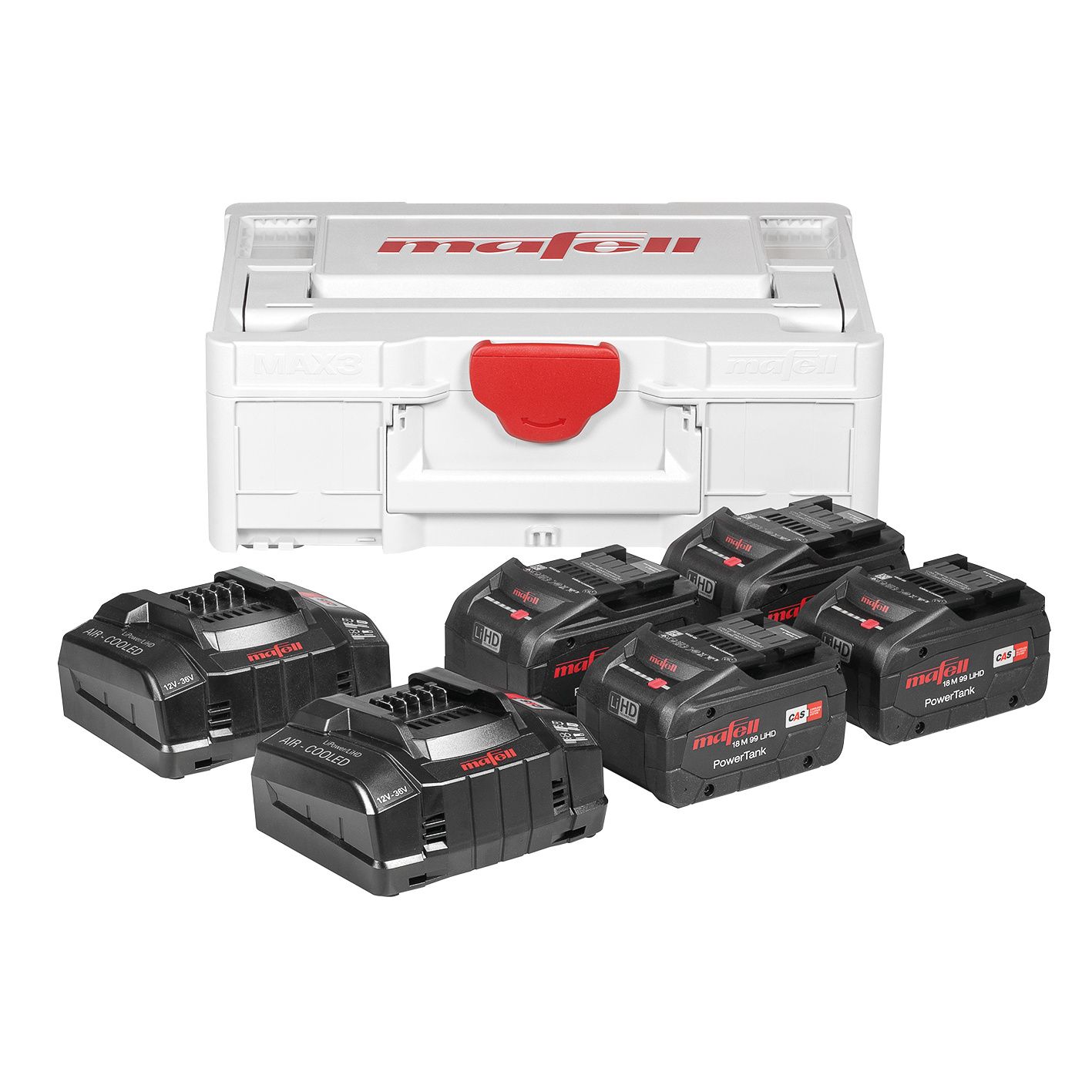 Mafell Akcesoria 209633 Zestaw Power-Set 5 &ndash; 4 akumulatory M 99 LiHD 18 V 5,5 Ah + 2 szybkie ładowarki APS M+ w walizce Max3