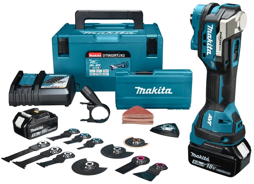 Makita DTM52RTJX2 Narzędzie wielofunkcyjne Starlock Max 18V 2x5.0 AH Li-ion + zestaw akcesoriów w pudełku Mbox