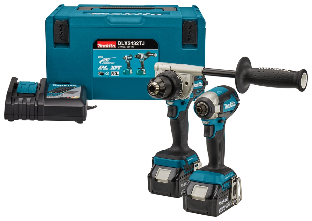 Makita DLX2432TJ Zestaw Combo - akumulatorowa wiertarko-wkrętarka DDF486 + klucz udarowy DTD153 18V 5.0 AH Li-ion w pudełku Mbox