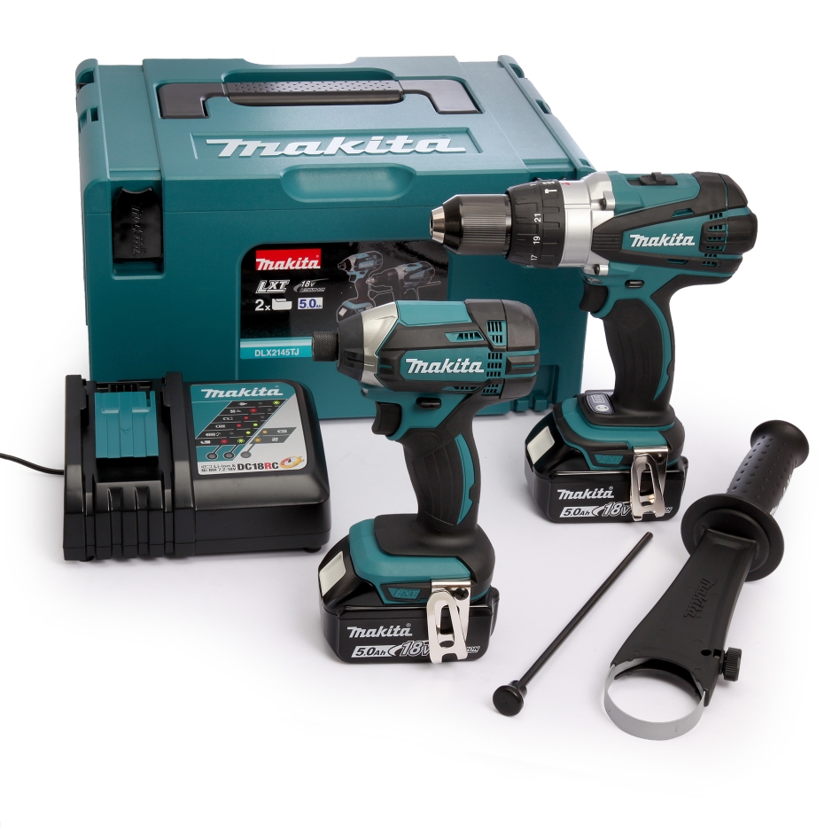 Makita DLX2145TJ Zestaw 18V 5.0 AH Li-ion DHP458 Akumulatorowa wiertarko-wkrętarka udarowa + DTD152 Wiertarka udarowa w skrzynce M-Box