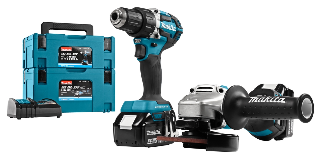 Makita DLX2190TJ1 Zestaw 18 V 5,0 Ah Li-Ion – wiertarko-wkrętarka akumulatorowa DDF484 + szlifierka akumulatorowa DGA504 w zestawie MBox