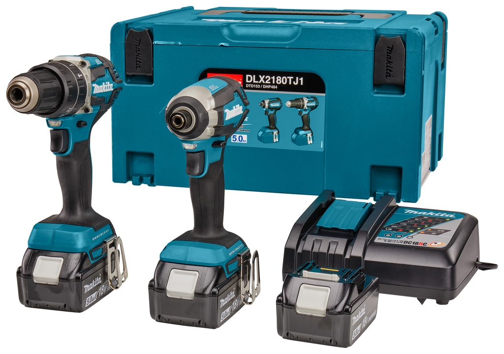 Makita DLX2180TJ1 - Akumulatorowa wiertarko-wkrętarka udarowa DHP484 + akumulatorowa wkrętarka udarowa DTD153 18 V 3x5,0 Ah Li-ion
