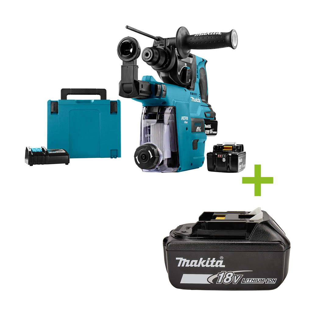 Makita DHR242RTJW Młot udarowo-obrotowy 18 V 5,0 AH Li-ion + wbudowany odciąg DX06 z filtrem Hepa