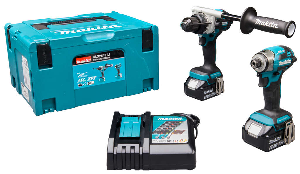 Makita DLX2549TJ Zestaw LXT 18 V &ndash; akumulatorowa wiertarko-wkrętarka udarowa, 2 akumulatory 18 V 5,0 Ah oraz szybka ładowarka w zestawie Mbox