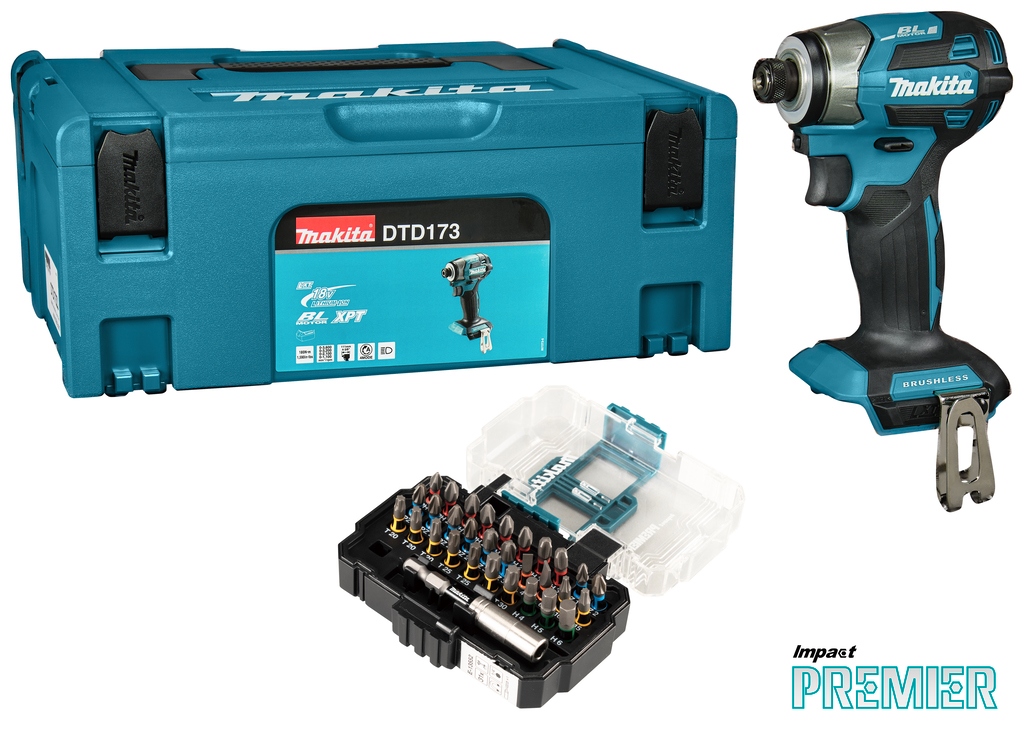 Makita DTD173ZJX1 Akumulatorowa wkrętarka udarowa LXT 18 V, bez akumulatorów i ładowarki, w pudełku Mbox z zestawem bitów