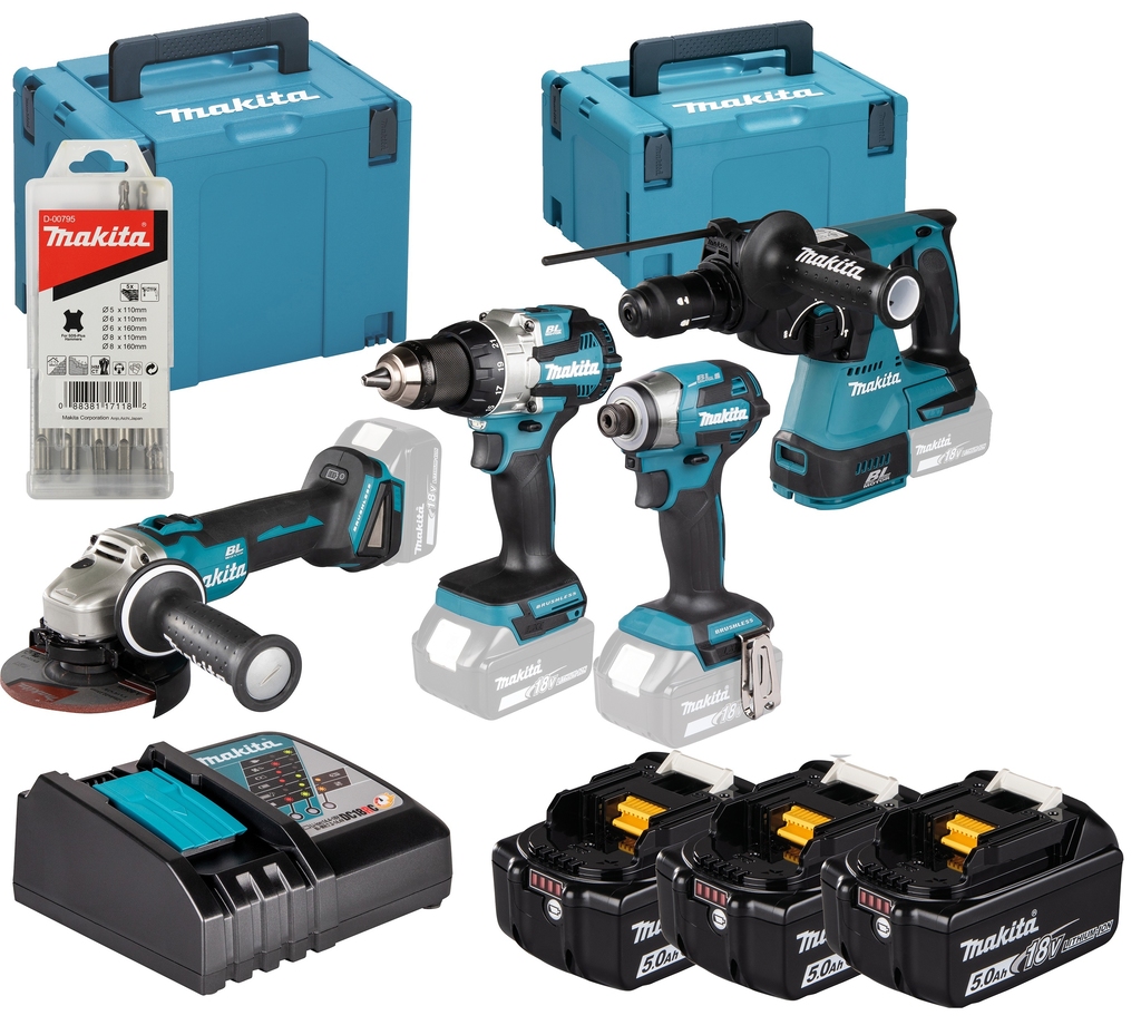 Makita DLX4196JX1 Zestaw DDF489|DTD173|DHR243|DGA504 18 V, 5,0 Ah, akumulator litowo-jonowy w walizce M-Box