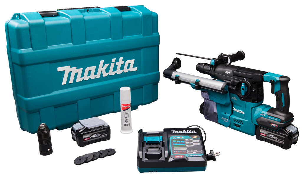 Makita HR009GU201 Młotek udarowo-obrotowy XGT 40V Max z akumulatorem 30 mm, 2 akumulatory 40 V 4,0 Ah i szybką ładowarką + odsysanie pyłu w plastikowej walizce