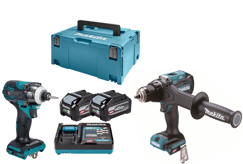 Makita DK0256G201 Zestaw kombinowany XGT 40 V Max: wiertarko-wkrętarka udarowa wraz z 2 akumulatorami 4,0 Ah i szybką ładowarką w zestawie Mbox