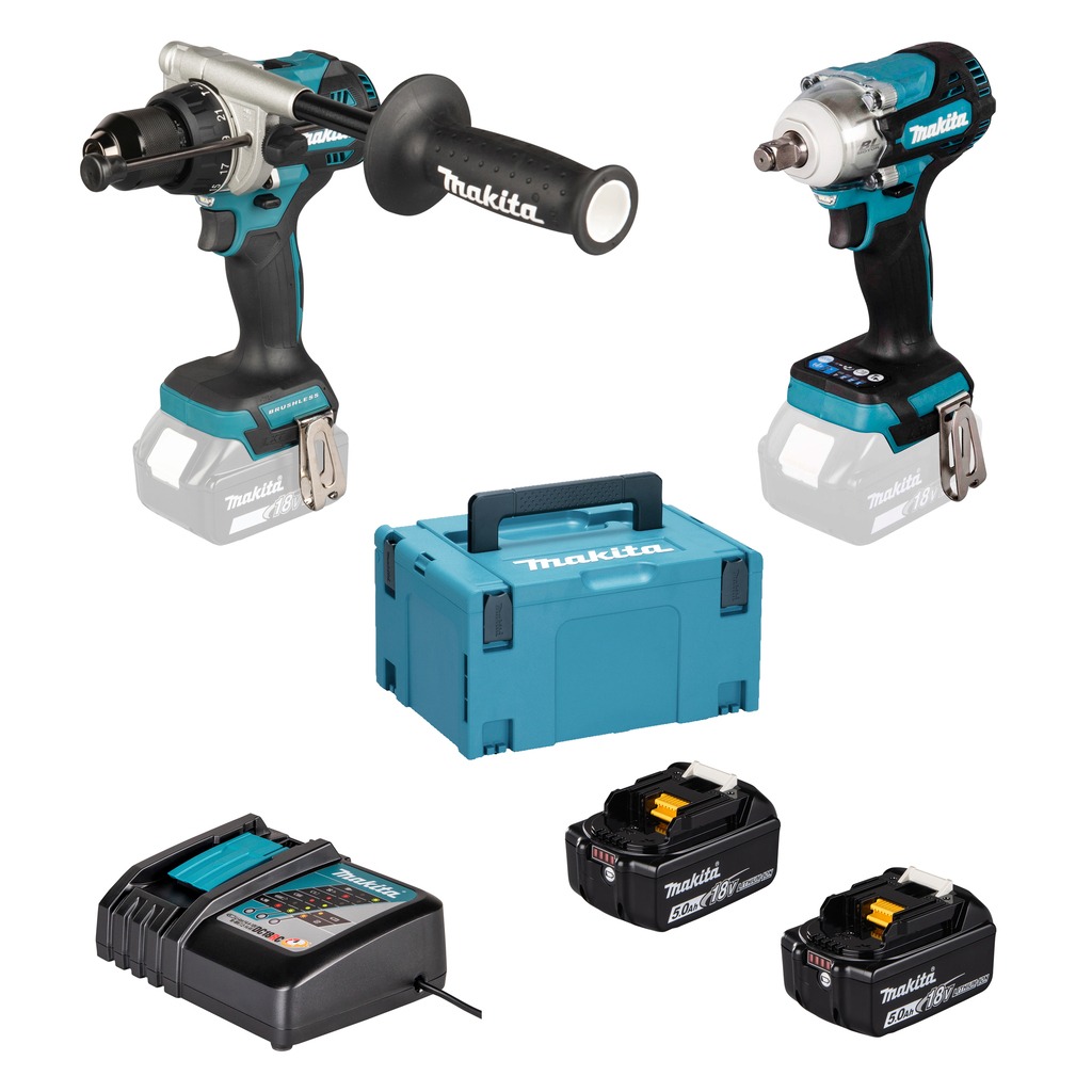 Makita DLX2590TJ Wiertarko-wkrętarka Combiset LXT 18V DHP492 (udarowa) + klucz udarowy DTW300 18V z akumulatorem 2x5,0Ah i szybką ładowarką w walizce Mbox